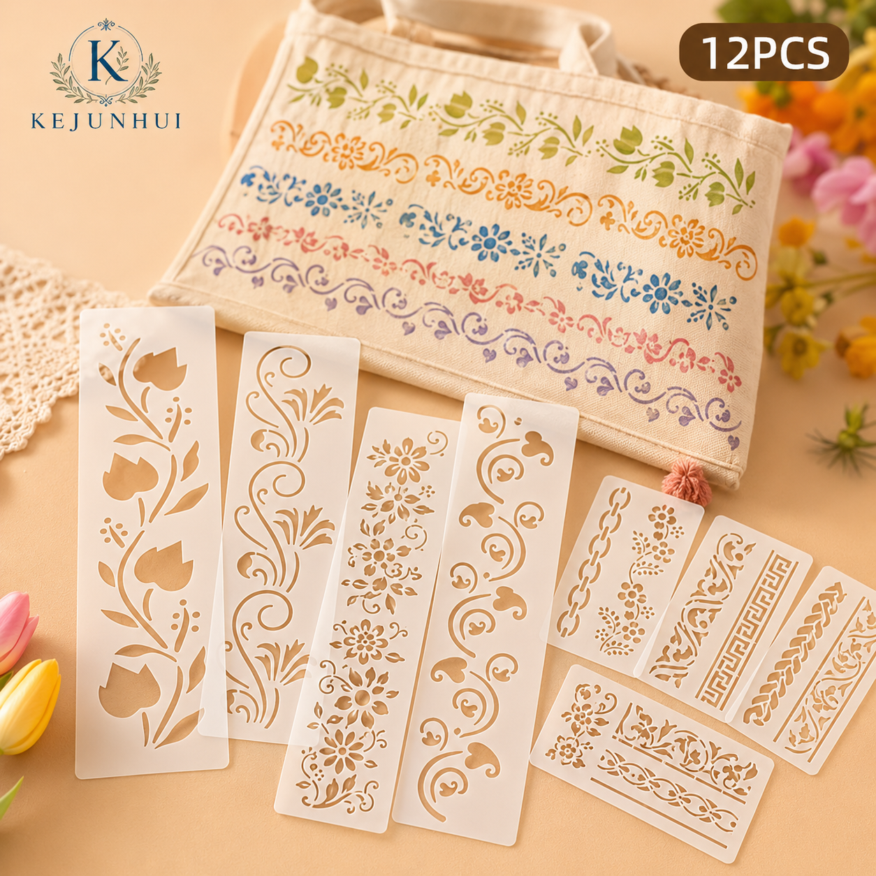 Photography Model - 12Pcs 2.95x11.8in Floral Border Stencils Reusable
